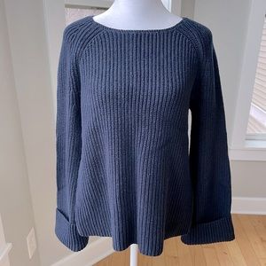LOFT Navy Blue Chunky Ribbed Knit Flare Sleeve Cotton Crewneck Sweater Sz Small